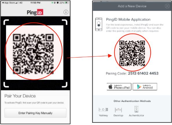 Screen shot showing the device scanning of the onscreen QR code to pair the device with PingID.