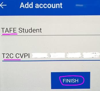 Screen shot from Microsoft Authenticator showing an example of the filled in information and ready to tap on the 'Finish' button.