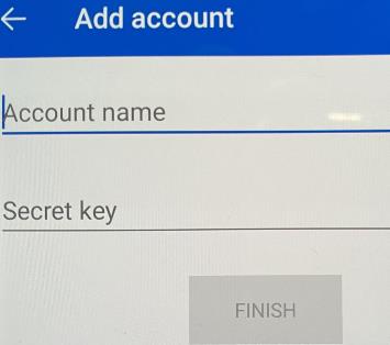 Screen shot from Microsoft Authenticator showing where the user can add a name for the account and enter the Pairing Key showing on the computer screen.