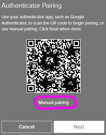 Screen shot of QR code the Ping ID will display on the computer screen. Click on 'Manual Pairing'