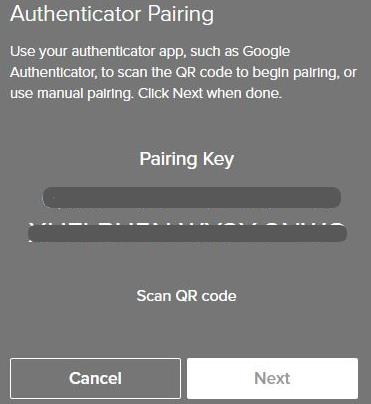 Screen shot of a unique Pairing Key that will display after the user clicks on 'Manual Pairing' on the previous screen. Note down the pairing key.